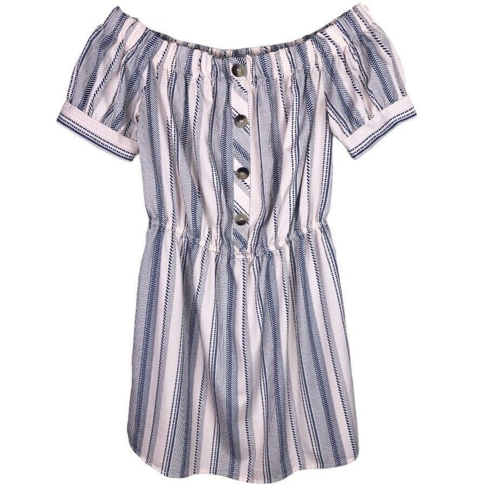 Blush Rose Pink Navy Blue Striped Off The Shoulder Blouson Mini Dress Size S